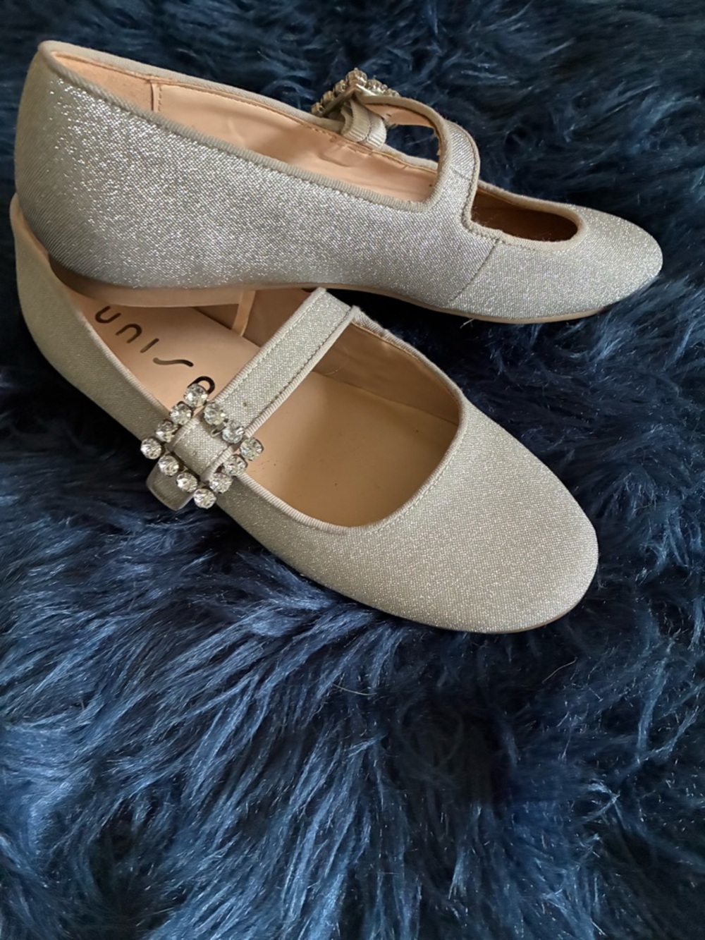 Unisa Glitter Silver Mary Jane Flats with Crystal Buckle Accent